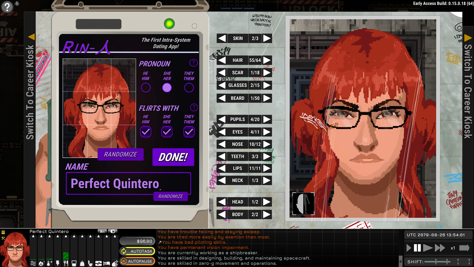 Ostranauts character creation screen